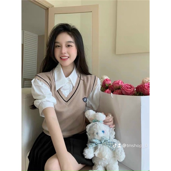 Áo gile trơn nữ len học sinh kiểu dáng Hàn Quốc chất len dày dặn hàng đẹp