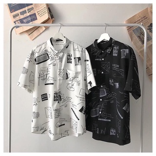 A012 - Áo sơ mi nam nữ hai màu đen trắng họa tiết toán học tay lỡ form rộng, áo khoác ngoài dáng to có túi trẻ trung