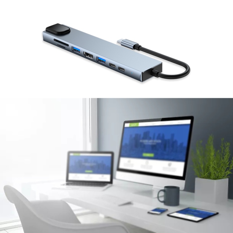 Bộ Chia 8 Cổng USB C Sang HDMI + USB 3 0 + USB 2 0 + RJ45 + PD 87W + Cáp Sạc + TF SD 8 Cổng