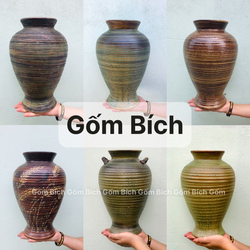 Bình Hoa Lọ Hoa Dáng Vò Cao Chân Loe Men Mộc Gốm Sứ Bát Tràng - Gốm Bích