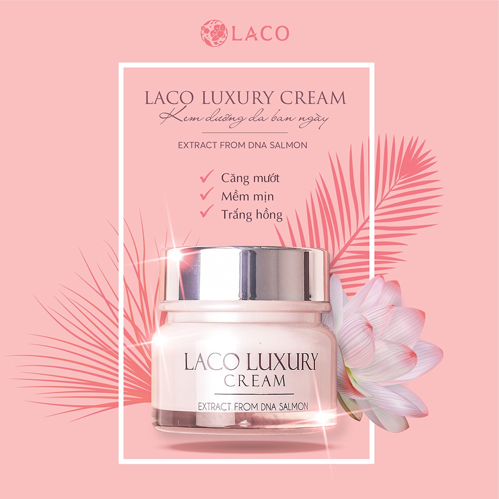 Combo Kem dưỡng da ban ngày LACO LUXURY 30ml cho làn da trắng hồng căng bóng mịn màng + 12pcs bông nở rửa mặt Laco