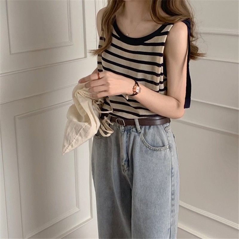 Áo Thun Dệt Kim Sát Nách Kẻ Sọc Thời Trang Mùa Hè Cho Nữ