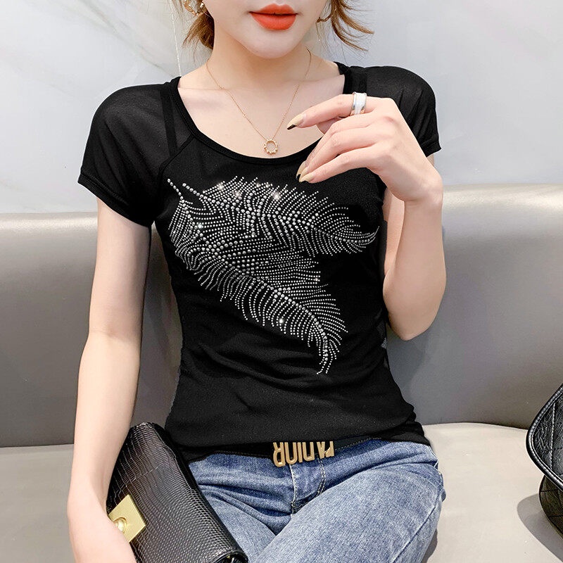 Áo Thun Tay Ngắn Cổ Tròn Đính Đá Lấp Lánh Màu Đen Thời Trang Mùa Hè Cho Nữ Mới