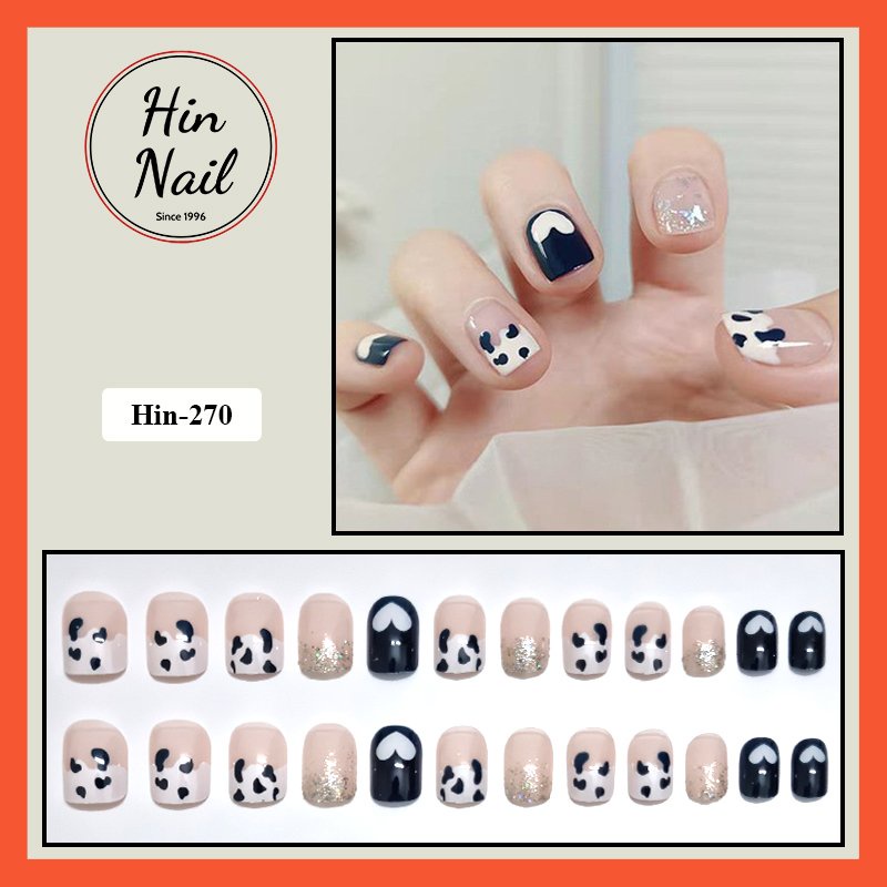 móng tay giả kèm keo form ngắn họa tiết trái tim, ánh nhũ