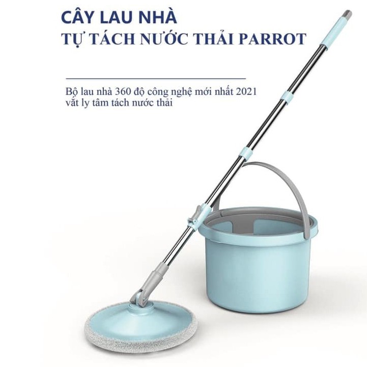 BỘ CHỔI LAU NHÀ PARROT + 2 BÔNG LAU XOAY 360 ĐỘ CÓ NGĂN TÁCH NƯỚC THẢI RIÊNG