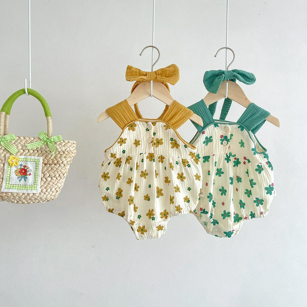 Bộ Trang Phục Gồm Áo Liền Thân Chất Liệu Cotton Mềm Mại Họa Tiết Hoa Kèm 1 Băng Đô Nơ Dành Cho Bé Trai Và Bé Gái