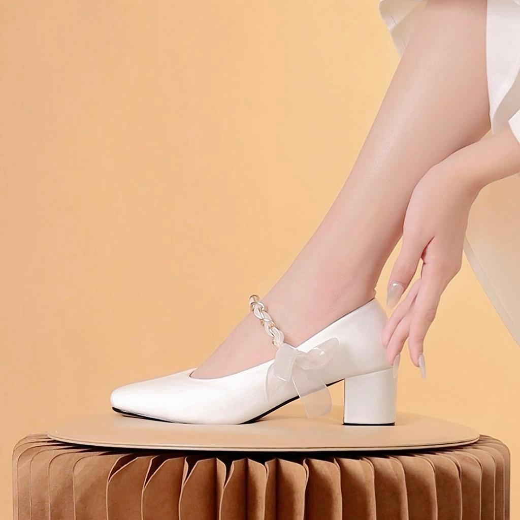 Giày cao gót MWC 4392 - Cao Gót Đế Vuông 5P Phối Xích Đính Nơ Tiểu Thư Xinh Xắn