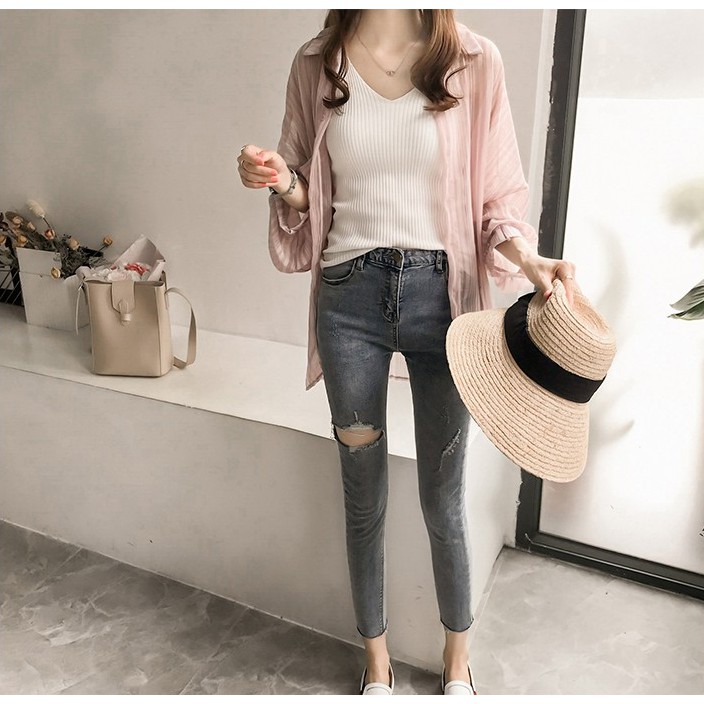 Áo sơ mi kiểu nữ voan mỏng trắng tay dài có cổ sang chảnh thời trang đi biển, du lịch 2020