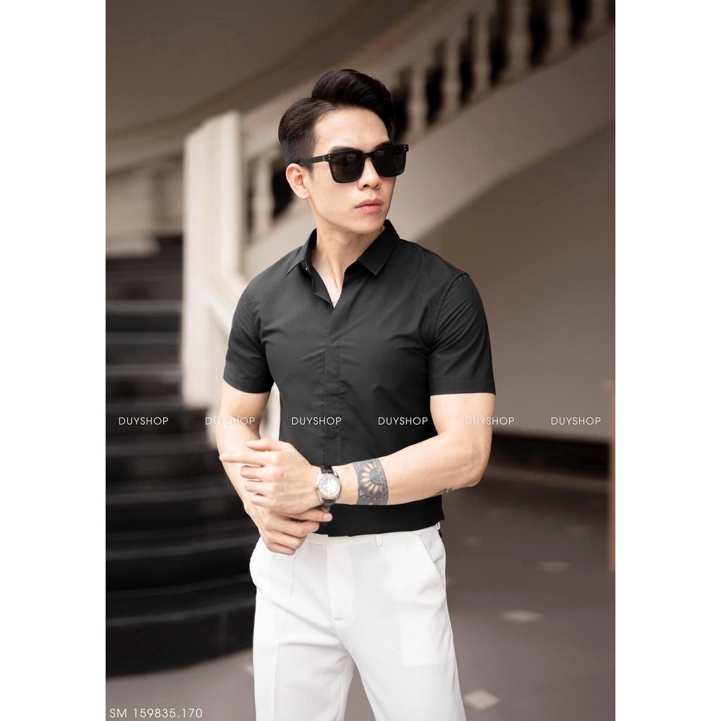 Áo Sơ Mi Nam Ngắn Tay Giấu Cúc DUYSHOP Cổ Bẻ Trắng Và Đen, Vải Lụa Cao Cấp Mềm Mịn