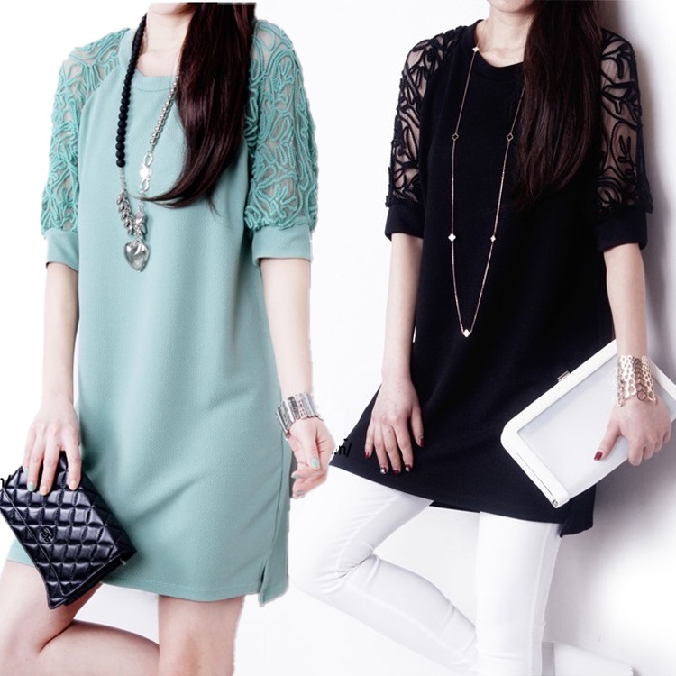 Đầm suông nữ phối ren tay, áo dáng dài da01