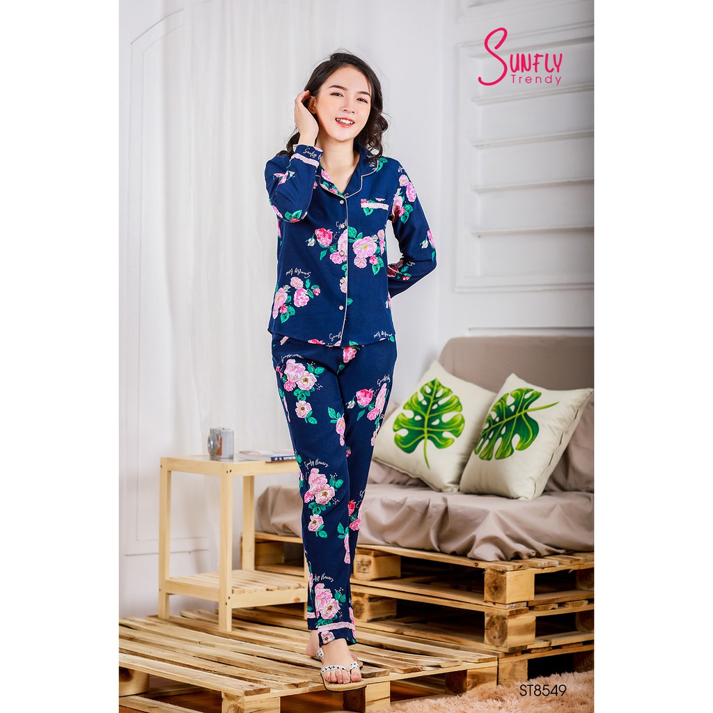 Đồ bộ Pijamas lụa SUNFLY áo dài tay, quần dài ST8549