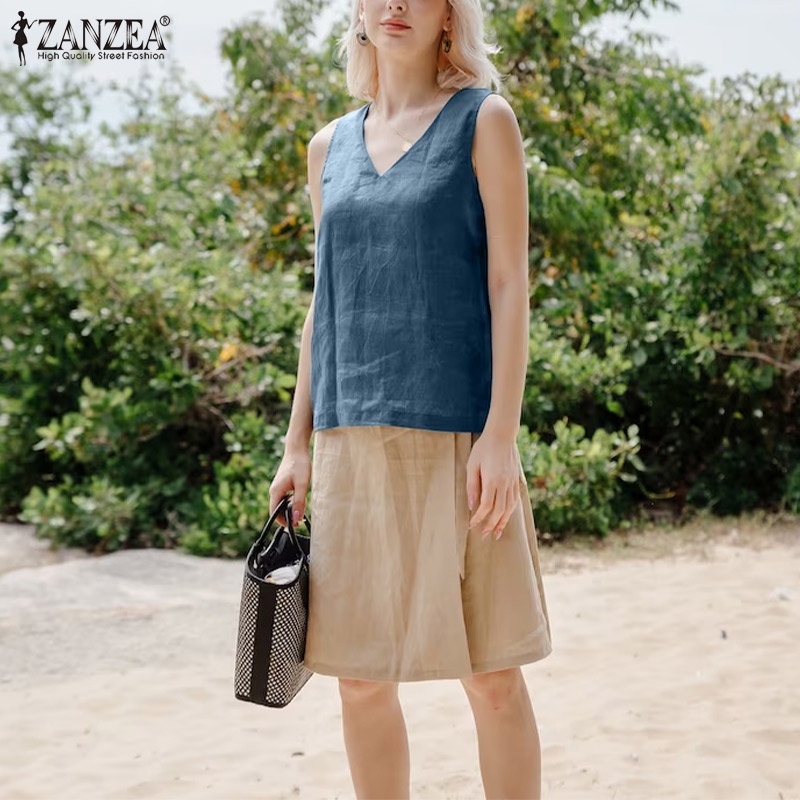 Áo nữ Zanzea không tay cổ chữ V màu trơn thời trang