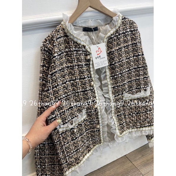 Áo dạ tweed dáng ngắn viền voan - dạ tiêu đen hàng hai lớp
