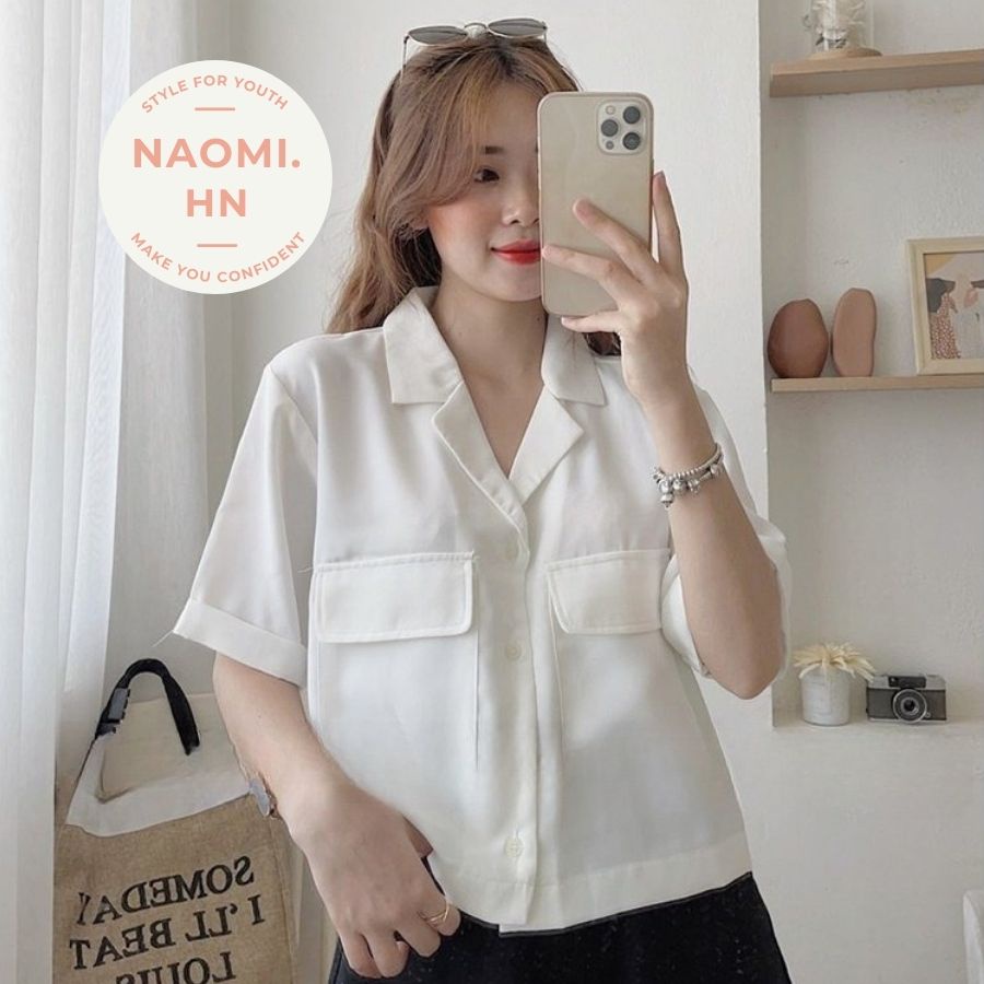 Áo sơ mi nữ cổ vest dáng ngắn croptop khoẻ khoắn trẻ trung chất đũi mát. Sơ  mi cổ V nhiều màu túi ngực dáng croptop. | BigBuy360 - bigbuy360.vn