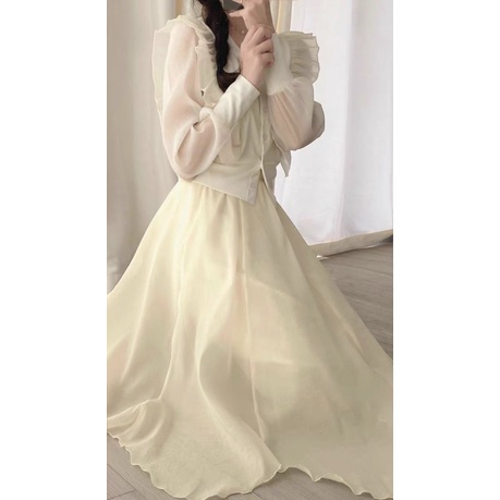 SET ÁO VOAN TƠ BÈO TD  + CHÂN VÁY MIDI NHỌN NUDE