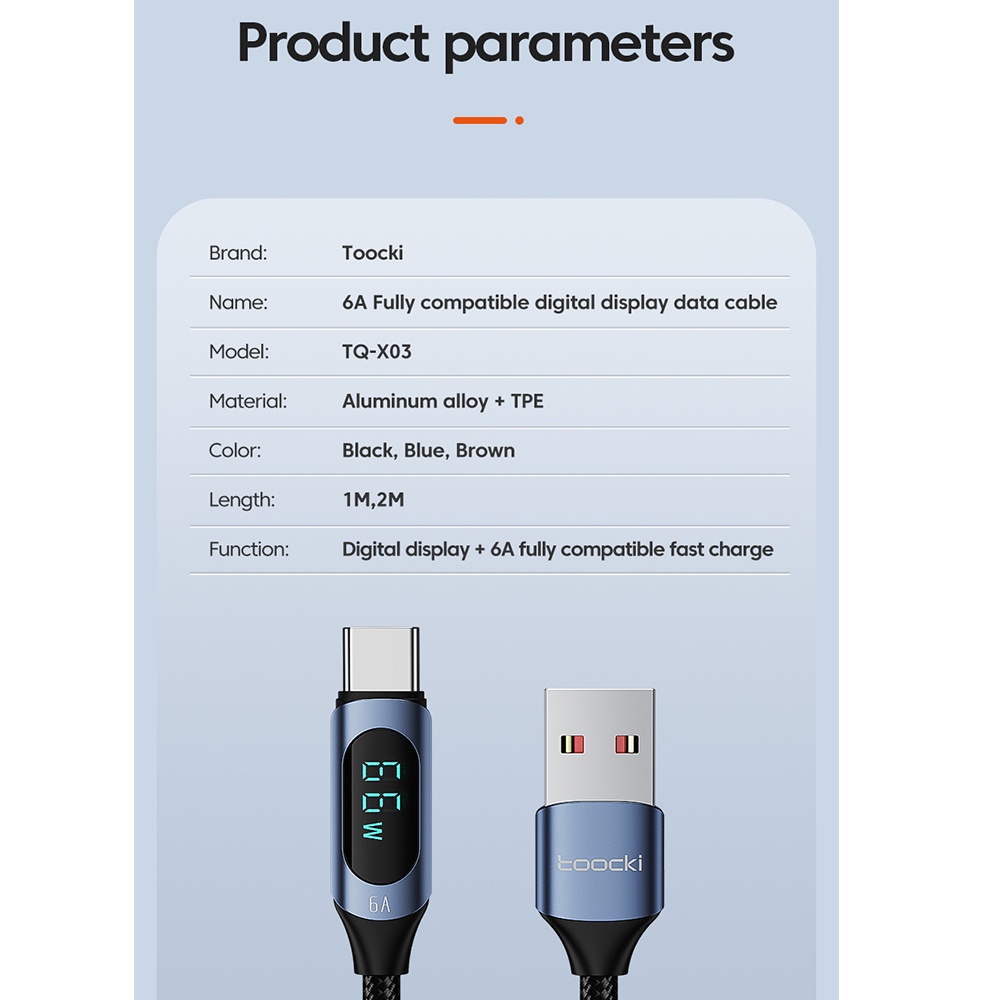 Cáp sạc nhanh Toocki 66W Type-C 1 / 2M 6A màn hình kỹ thuật số cho Huawei Samsung