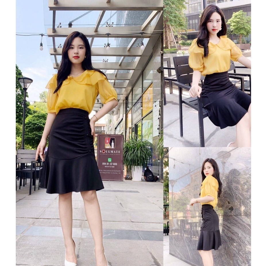 Set áo cổ sen tay búp phối chân váy đuôi cá nhún hông 3 nút thanh lịch