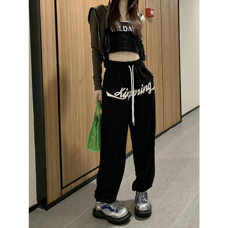 Quần ống rộng Lưng Cao In Chữ Phong Cách retro Mỹ Cho Nữ