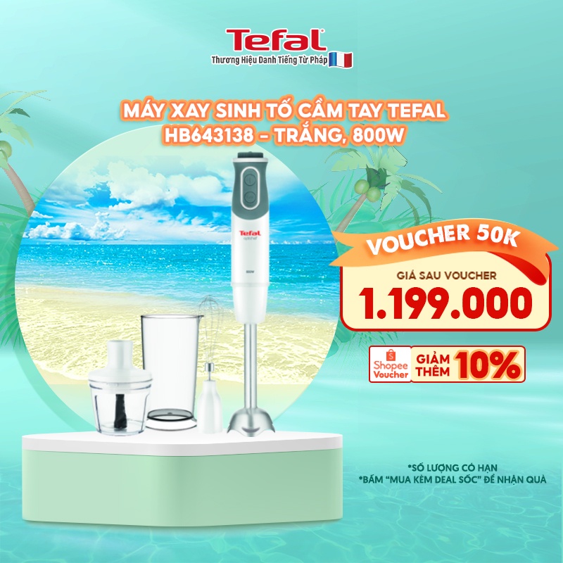 [Mã ELTEFALWL5 giảm 10% đơn 500K] Máy xay sinh tố cầm tay Tefal HB643138 - trắng, 800W