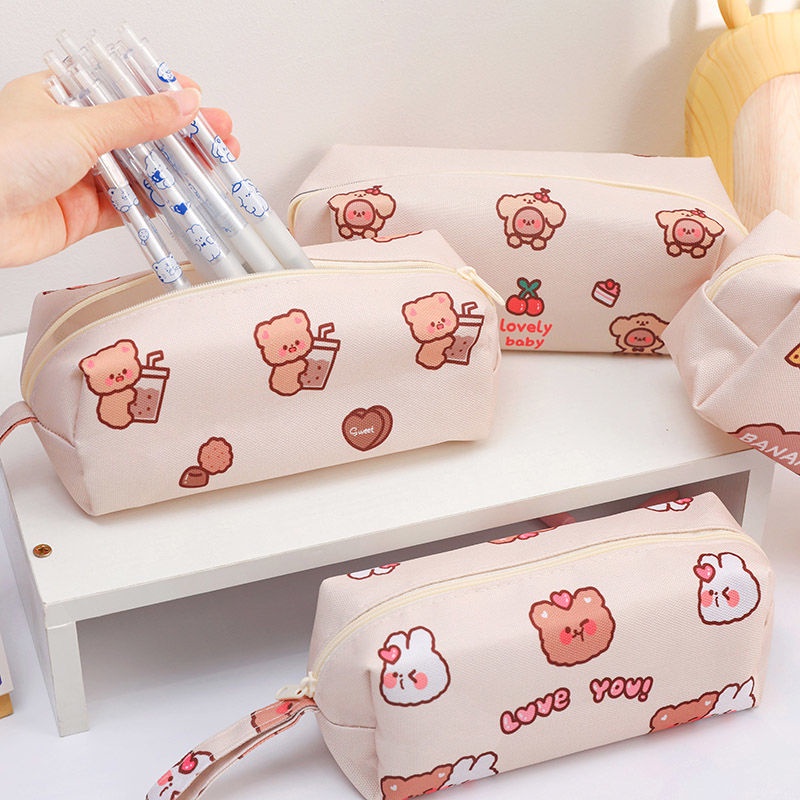 Túi Đựng Bút Bằng Vải Canvas Họa Tiết Gấu Hoạt Hình Dễ Thương Ốp