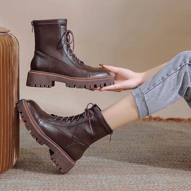 Giày Bốt Boot Da Cổ Thấp Nữ, Boot Cổ Ngắn Da Lì Trơn Gót Vuông Cao Hàng Quảng Châu (có sẵn) G003