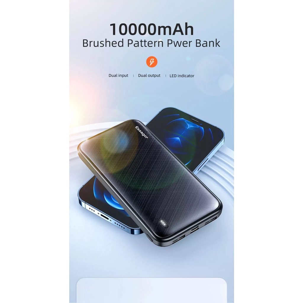 Sạc dự phòng ESSAGER 10.000 mAh siêu mỏng, siêu nhẹ 2 Cổng vào & 2 Cổng ra tiện lợi, cho iPhone, Samsung, HUAWEI, Xiaomi
