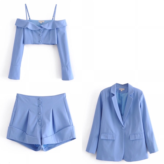 SET BLUE PASTEL BLAZER+CORSET+SHORT