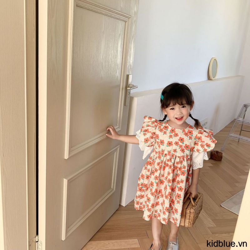 Dress Girls' Print Cuffs Princess Dress Baby Girls Clothes Short-sleeved Sweet Cute Knee-Length Skirt Casual Dress