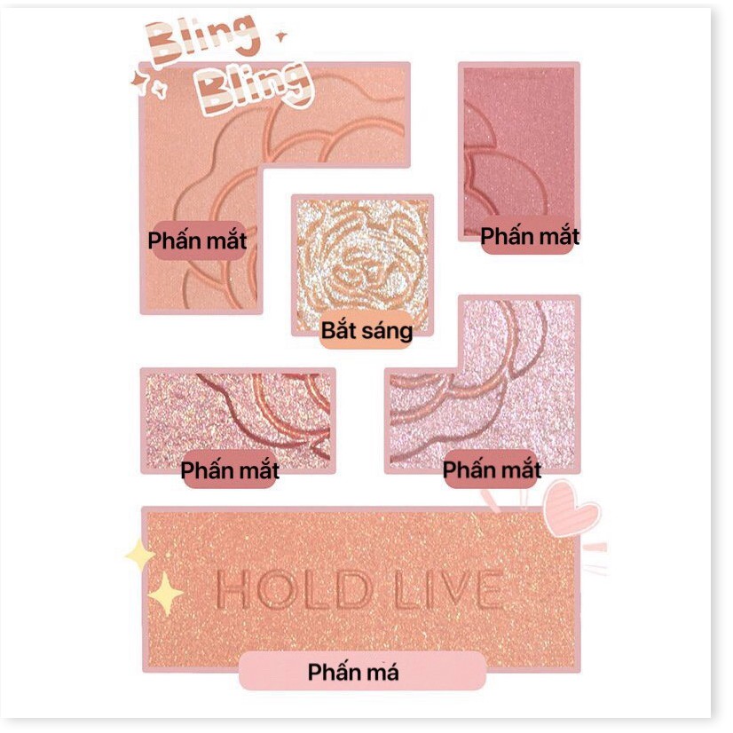 Bảng phấn mắt 6 màu HOLD LIVE kèm phấn má highlight Favorite Silk Satin Eyeshadow tông cam đào hồng đất HL399 HLIV68