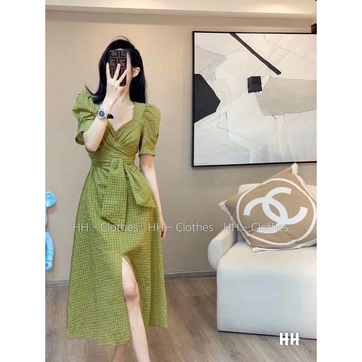 Đầm dự tiệc dáng dài tay bồng cổ vuông đai eo chất xốp Mayan Store Váy thắt nơ dáng xòe 2 màu xanh bơ, trắng
