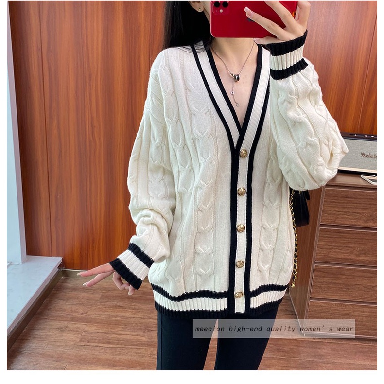 Áo khoác len cardigan nữ dài tay cổ V viền 2 màu đen trắng cúc ngực phong cách Hàn Quốc hàng Quảng Châu đẹp K-18.1