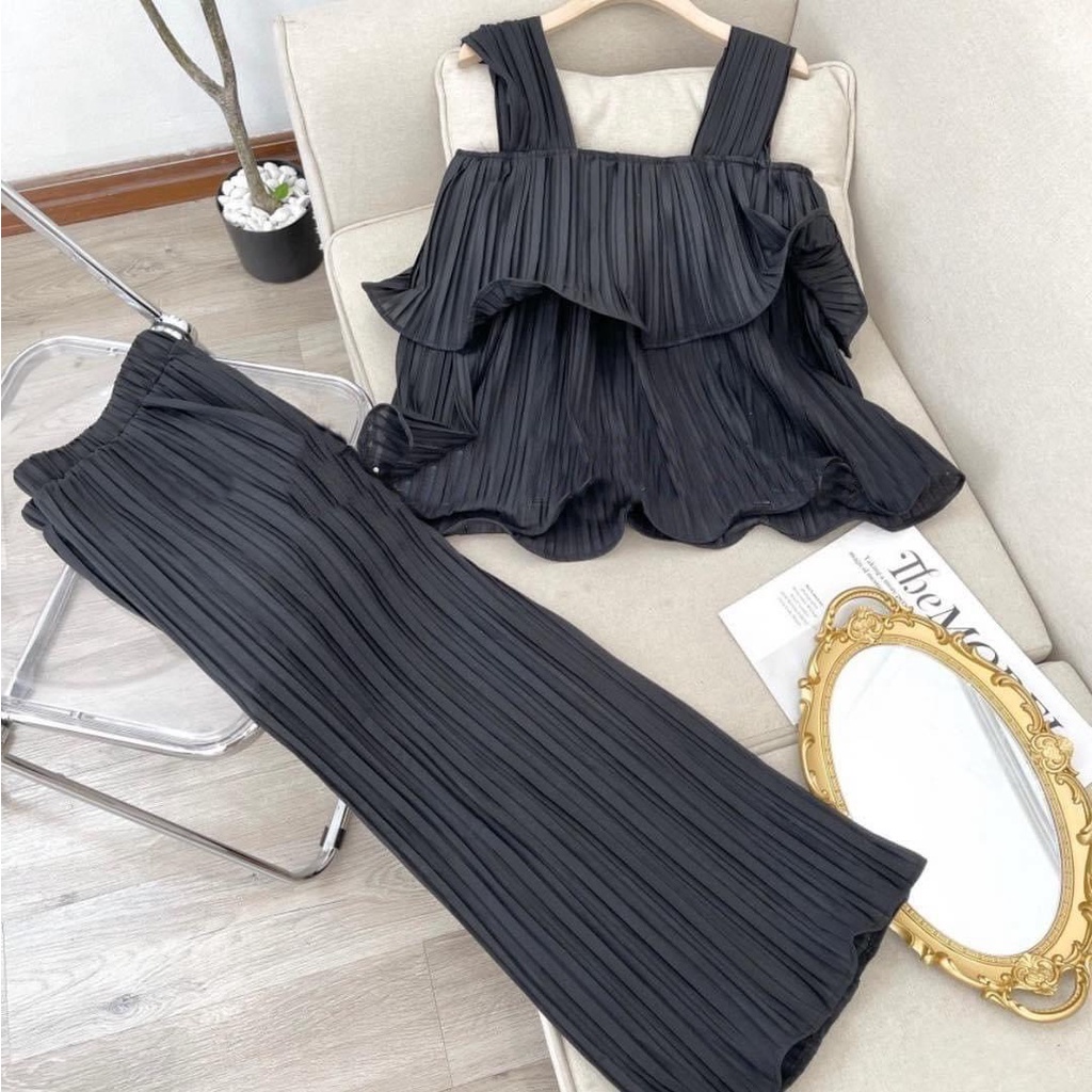 [10.10 Sale Freeship] Set bộ nữ xếp ly hai dây dáng xòe hai tầng, quần ống rộng dài thoải mái, set áo babydoll thoải mái