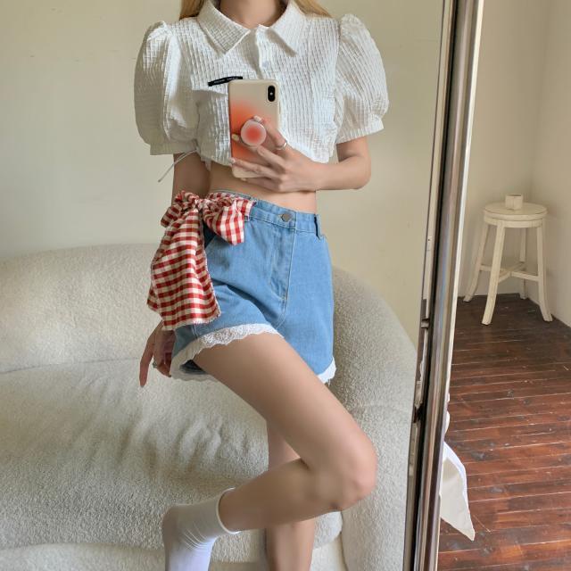 Quần short denim JSC lưng cao ống rộng phối ren phong cách Nhật Bản dễ thương cho nữ