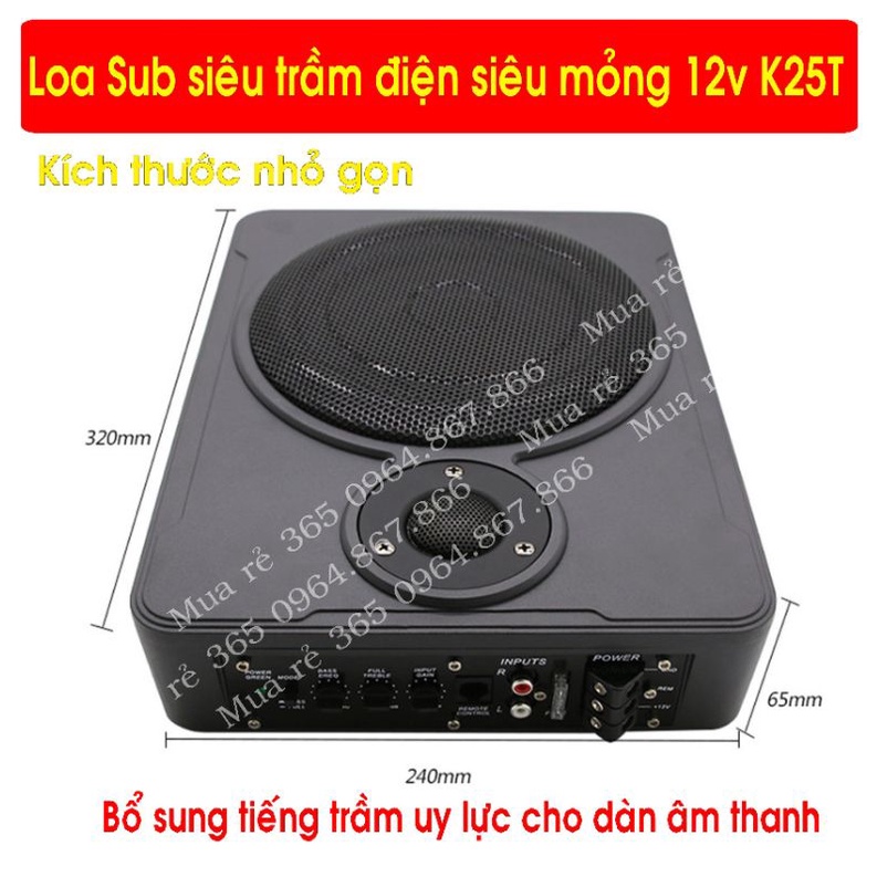 Loa Sub siêu trầm  bass khủng 25 cm K25T gầm ghế  ô tô siêu mỏng, có loa tép đánh full cực hay, điện 12v