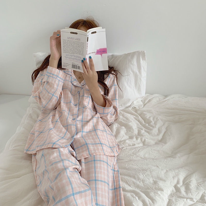 Bộ đồ ngủ nữ Pyjama kẻ sọc caro tay dài phong cách Hàn Quốc | BigBuy360 - bigbuy360.vn