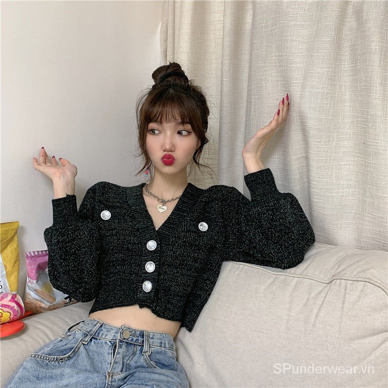 Áo khoác cardigan ngắn tay màu tím thời trang mùa thu cho phụ nữ 2021