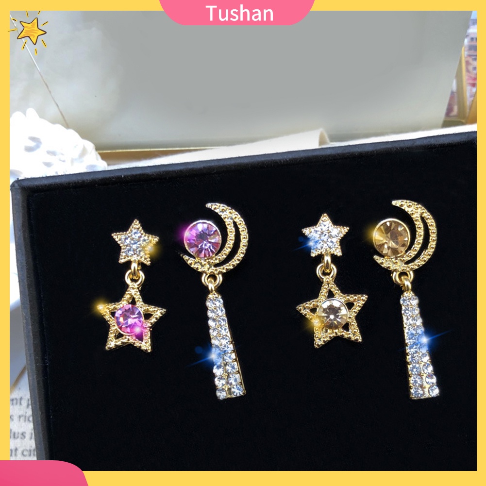 TUSH Women Rhinestone Moon Star Asymmetric Dangle Ear Stud Earrings Jewelry Gift