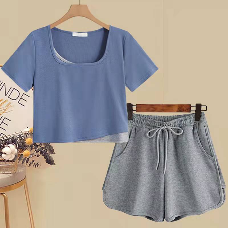 Single / suit contains cotton fake two-piece short-sleeved T-shirt women's summer new leisure sports shorts women's outer wear fashion two-piece suit