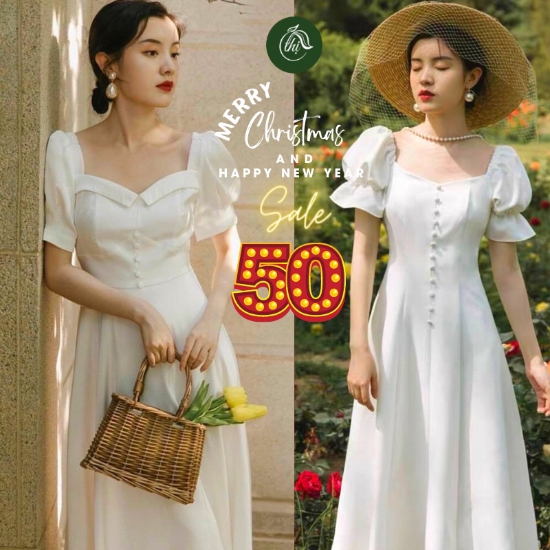 Váy trắng cổ bẻ tay nhún bèo dáng xoè, phong cách vintage - Từ tiệm váy nàng Thị