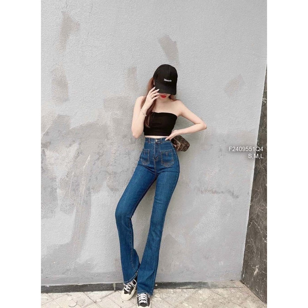 Quần jean dài ống loe lưng cao đắp hai túi trước tôn dáng!
