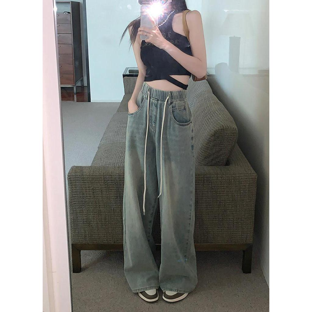 Quần jeans Peppermint 54833 ống rộng lưng thun dây rút thời trang dành cho nữ