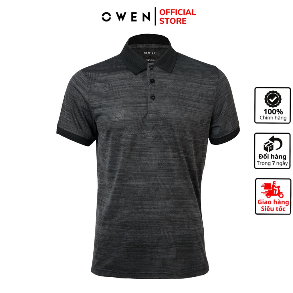Áo thun nam có cổ bẻ polo OWEN APV220366 phông ngắn tay cao cấp dáng body fit màu ghi đậm họa tiết vải polyester