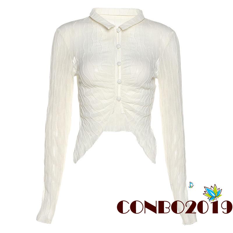 Áo Croptop Tay Dài Phối Nút Thiết Kế Đơn Giản Cho Nữ