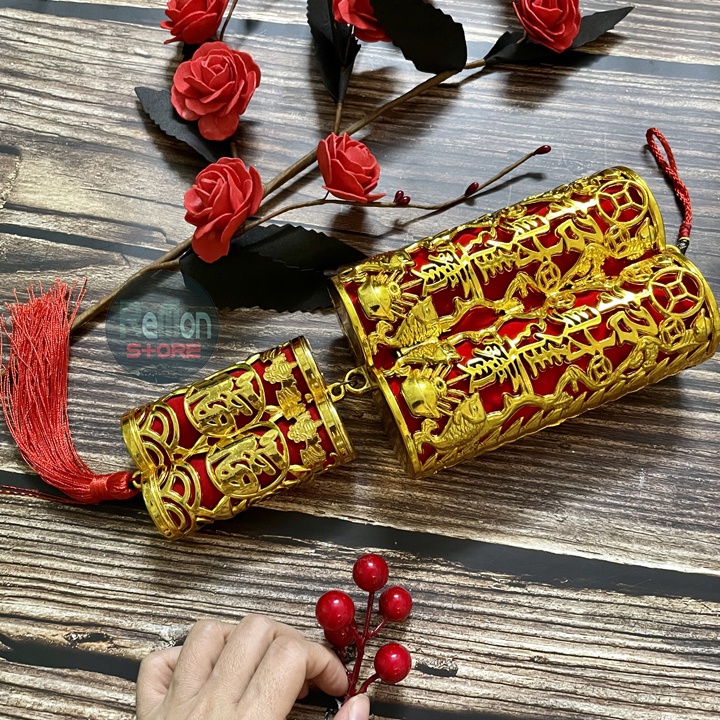 [HCM] (size Đại) Pháo tết đôi trang trí 3D họa tiết nổi vàng kim lồng vải nhung cực đẹp