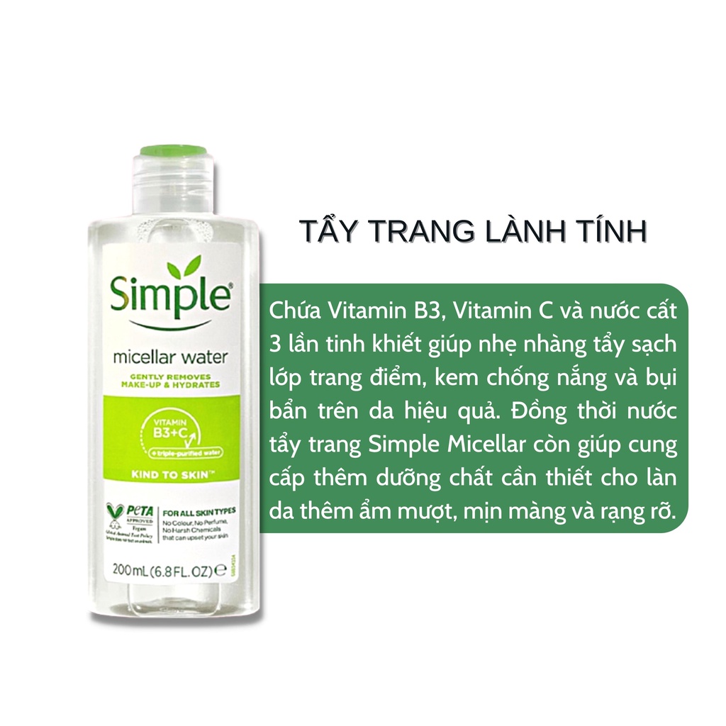 Nước Tẩy Trang Simple Micellar Cleansing Water Làm Sạch Trang Điểm Không Chứa Cồn 200ml