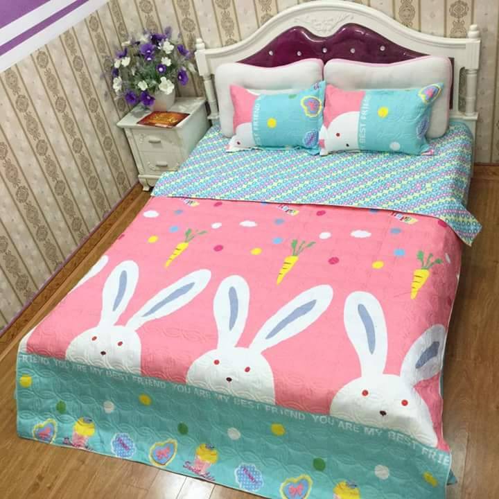 Sét Chăn Ga Gối 5 Món Cotton Poly Emmidecor Mẫu Thỏ Hồng