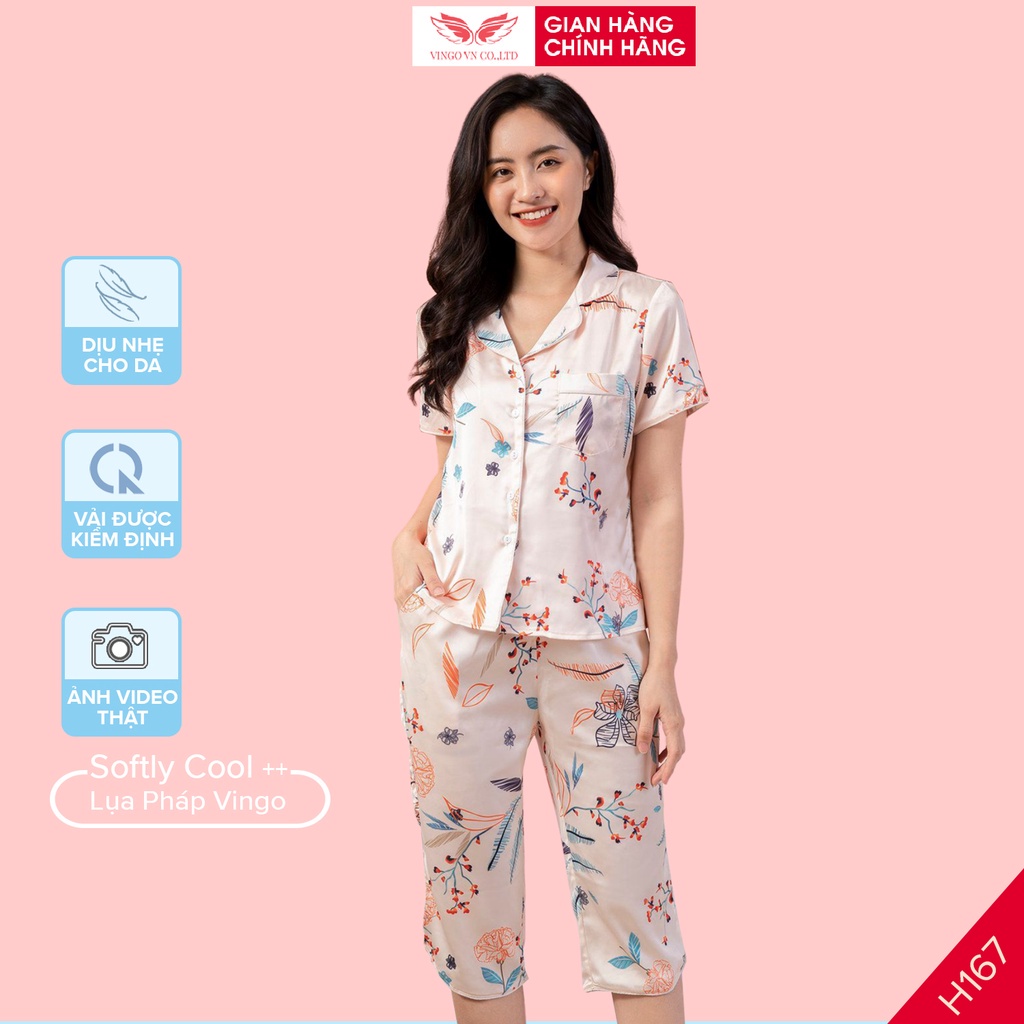 Đồ bộ nữ mặc nhà pijama lụa Pháp mềm mát VINGO áo cộc quần lửng hoa mẫu đơn nền be thanh lịch mặc mùa Hè H167 VNGO