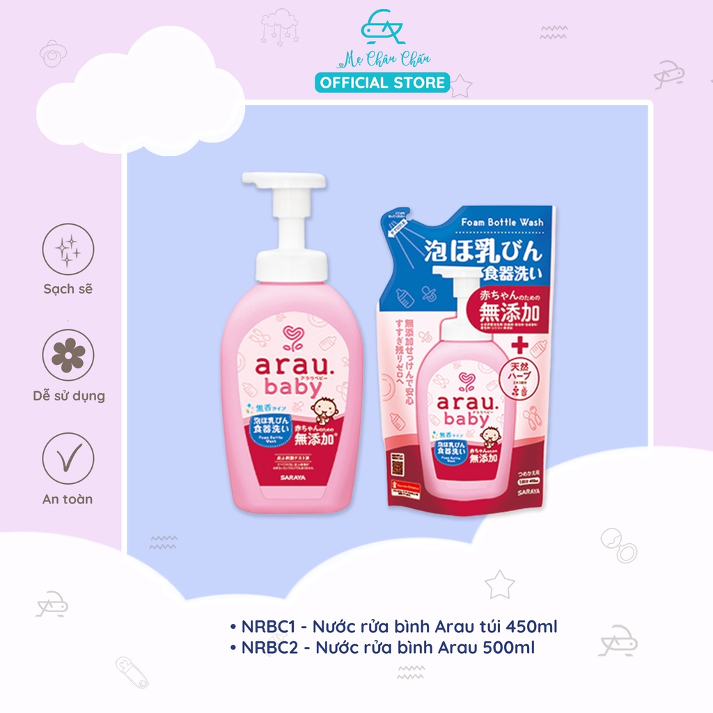 Combo Nước Rửa Bình Sữa Nhật Bản Arau Baby Dạng Chai 500ml và Túi 450ml