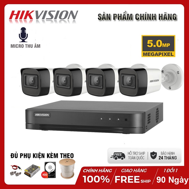 Bộ Camera Giám Sát Hikvision 4 Kênh Super HD 5.0MP Chính Hãng, Tích Hợp Mic Thu Âm - Đầy Đủ Phụ Kiện Lắp Đặt