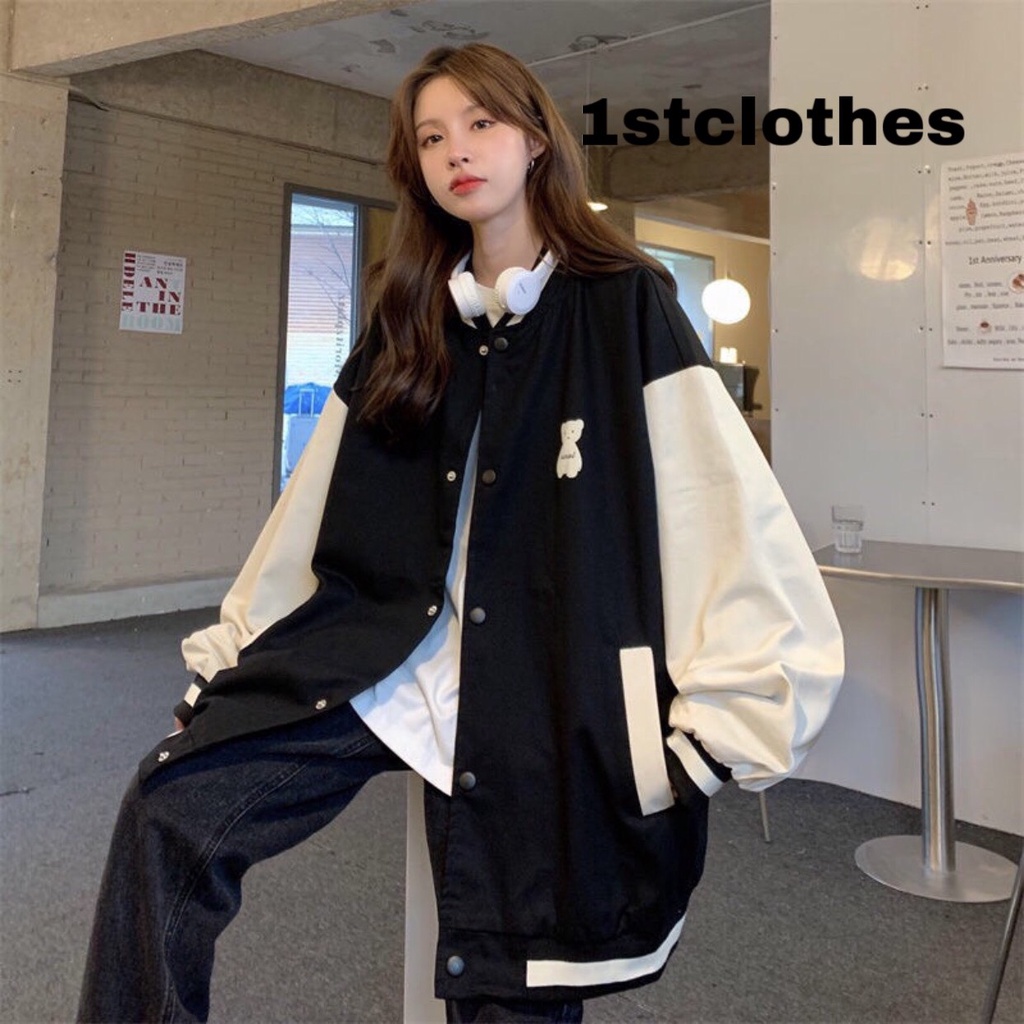 Áo bomber gấu unisex form rộng [FREESHIP] Áo khoác nỉ ngoại dày dặn dáng thụng tay dài mặc thu đông siêu ấm 1st clothes